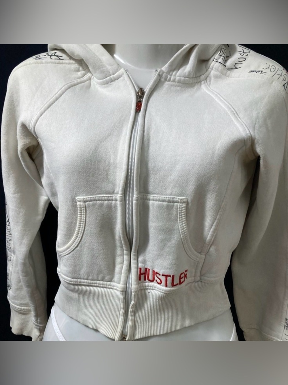 Hustler Cropped Zip Hoodie White Graphic Y2K McBling Size M